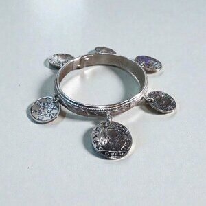 Vintage Whiting & Davis Silver-Toned Hinged Bangle Bracelet With 6 Coin Charms